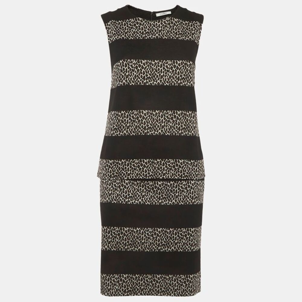 Max Mara Black Leopard Print Panel Knit Top And Skirt Set S